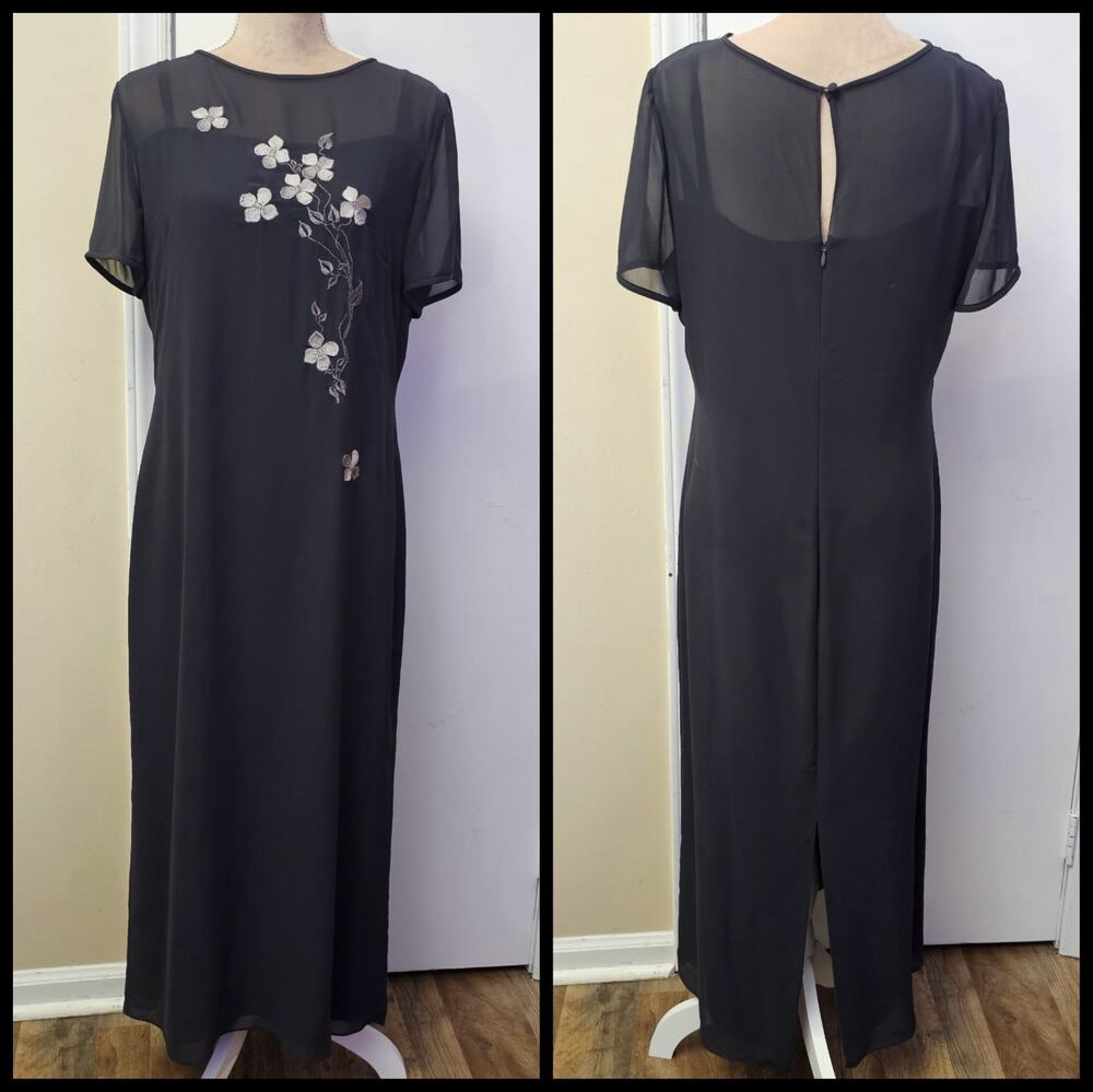 Sheer Black Floral Dress Sz 12 Y2K Fairy Embroidered 90s Grunge Asian Inspired